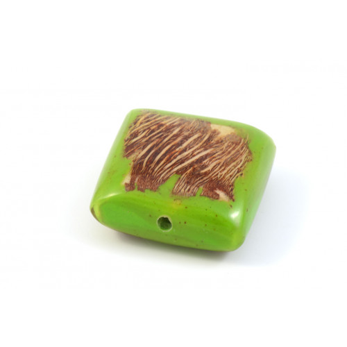 FLAT SQUARE 25MM WOOD BEAD, GREEN AND BEIGE